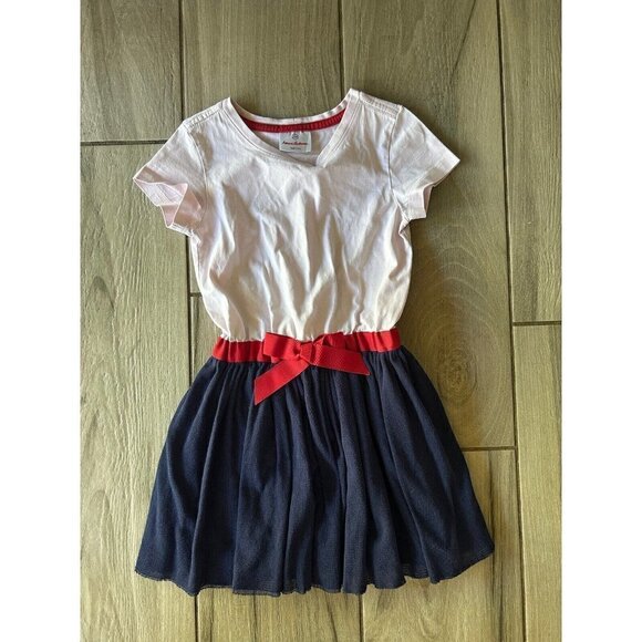 GIRLS HANNA ANDERSSON SIZE 110 5 DRESS Pink Red Navy Blue With Bow - Picture 1 of 3